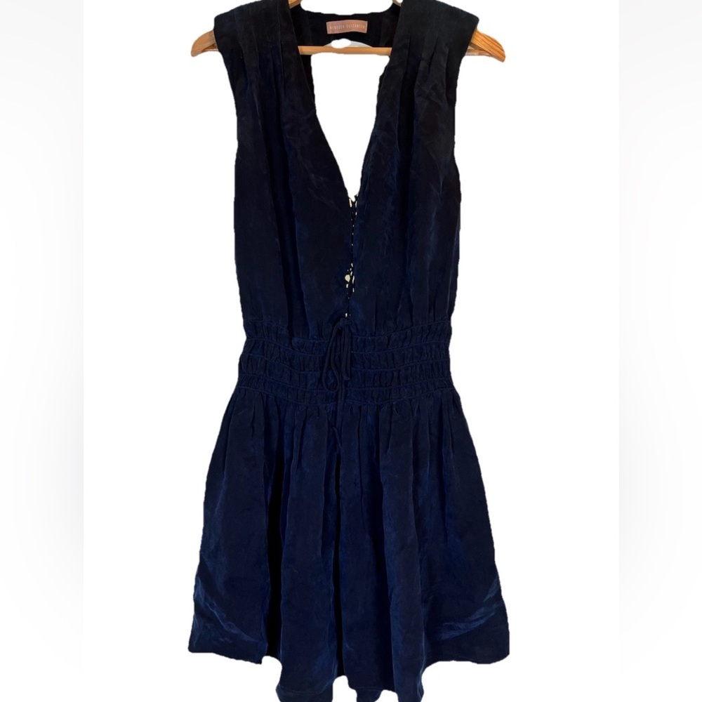 Rebecca Elizabeth Women’s Sz 4/6‎ 100% Cupro Ruffle Dress Lace Up Shoulder Pads